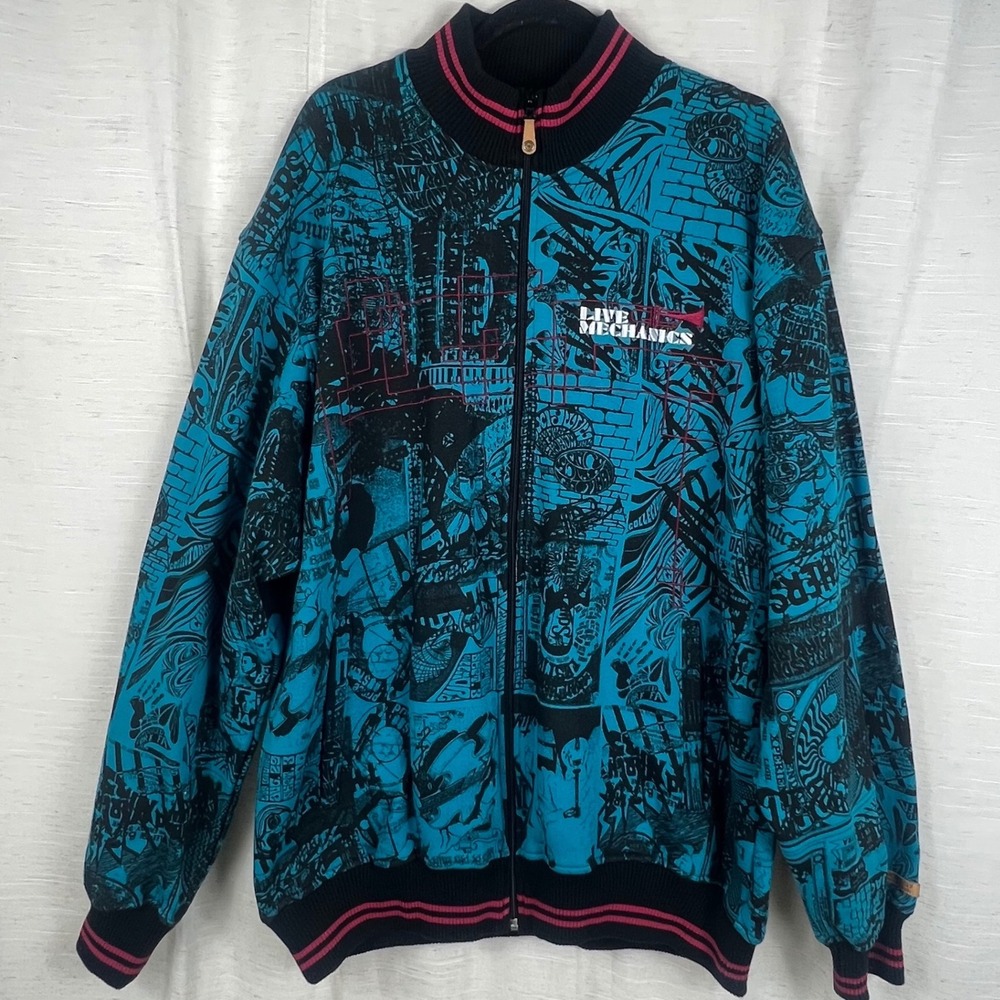 Live Mechanics Teal Black Graphic All Over Music Print Track Jacket
Mens 2XL